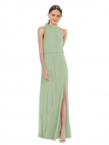Outlet High Neck Scarf Tie Blouson Bodice Maxi Bridesmaid Dress with Front Slit