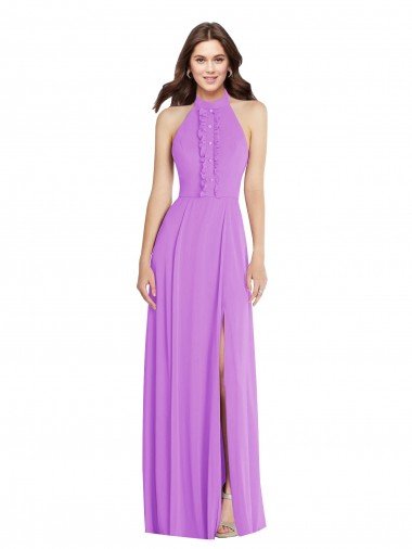 Outlet Halter Backless Maxi Formal Bridesmaid Dress with Button Ruffle Placket