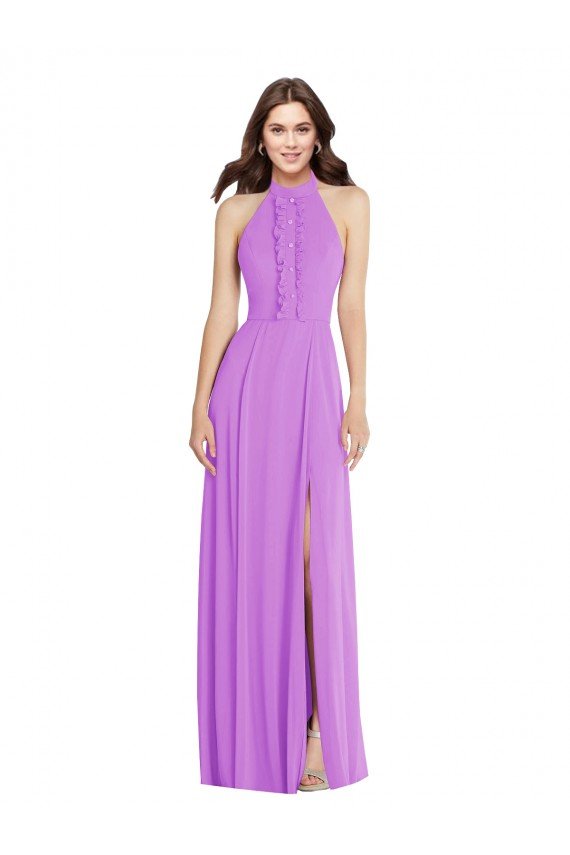 Outlet Halter Backless Maxi Formal Bridesmaid Dress with Button Ruffle Placket