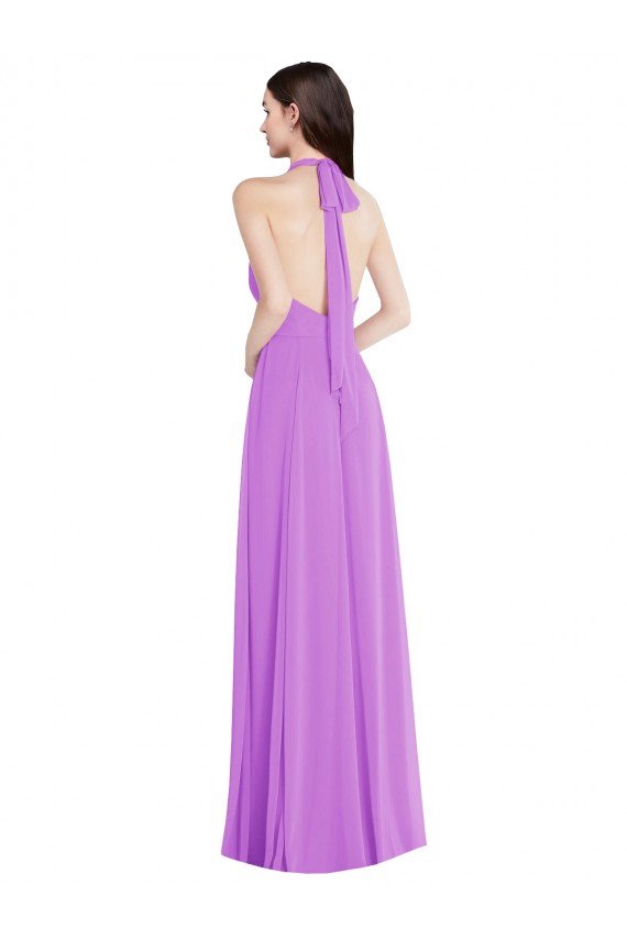 Outlet Halter Backless Maxi Formal Bridesmaid Dress with Button Ruffle Placket