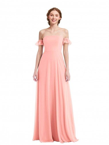 Outlet Off the Shoulder Ruffle Cuff Sleeve Chiffon Maxi Bridesmaid Dress