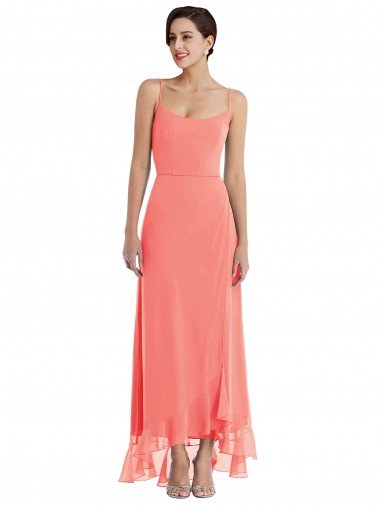 Outlet Scoop Neck Ruffle Trimmed High Low Maxi Bridesmaid Dress