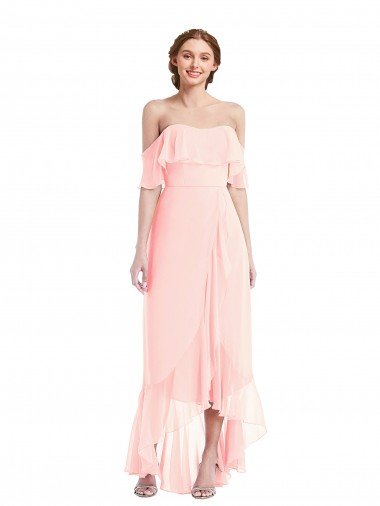 Outlet Off the Shoulder Ruffled High Low Maxi Bridesmaid Dress