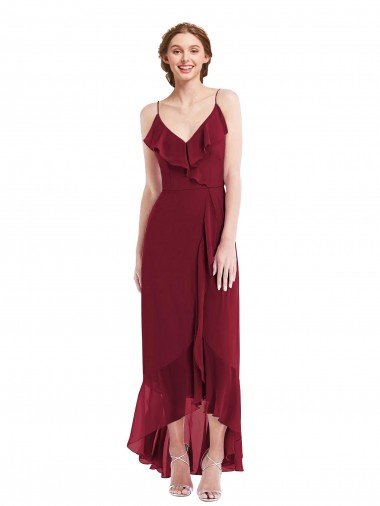 Outlet Ruffle Trimmed V-Neck High Low Wrap Chiffon Bridesmaid Dress