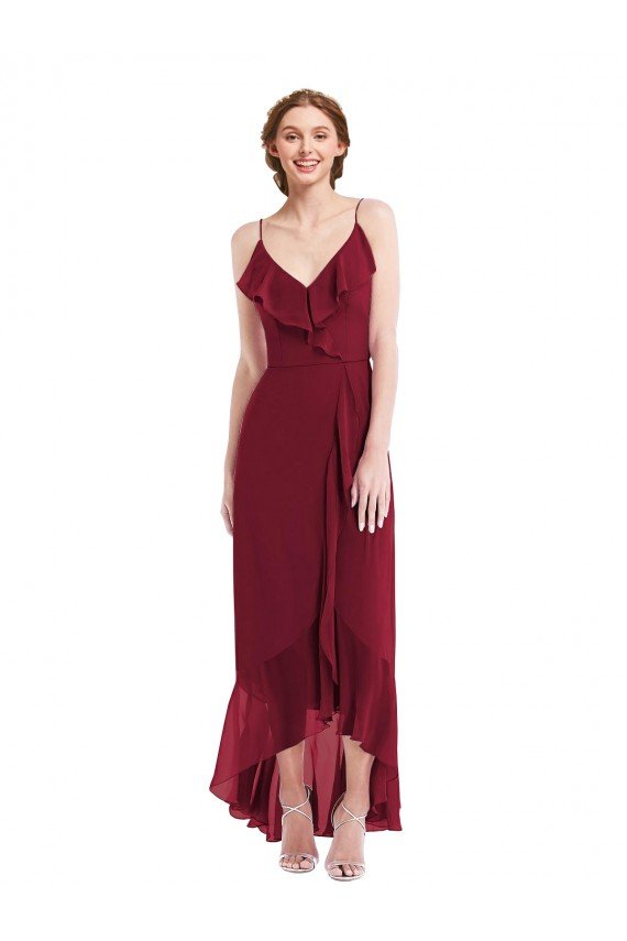 Outlet Ruffle Trimmed V-Neck High Low Wrap Chiffon Bridesmaid Dress