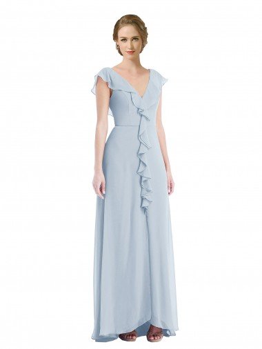 Outlet Ruffle Trimmed V Back Chiffon Maxi Bridesmaid Dress