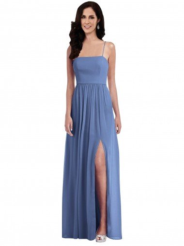 Outlet Slim Spaghetti Straps Chiffon Bridesmaid Dress with Front Slit
