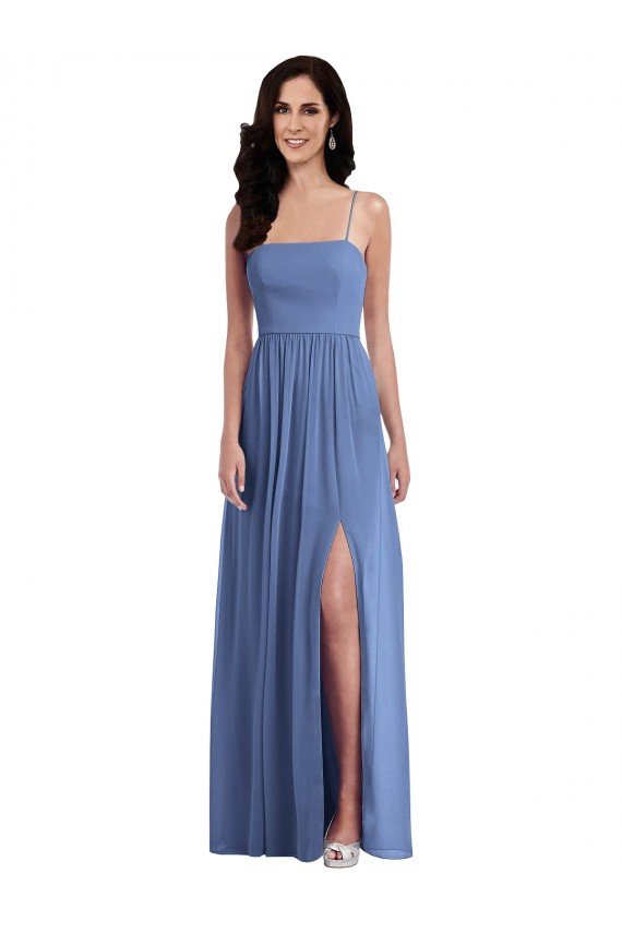 Outlet Slim Spaghetti Straps Chiffon Bridesmaid Dress with Front Slit