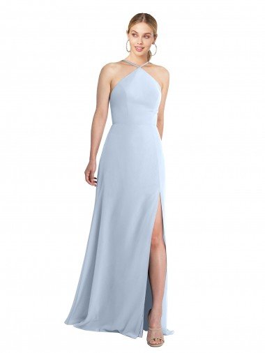 Outlet Halter Neck Long Chiffon Bridesmaid Dress with Strappy Back and Daring Side Slit