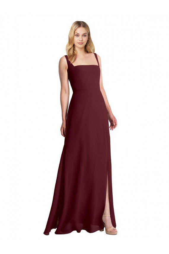Outlet Square Neckline Soft A-Line Chiffon Bridesmaid Dress with Side Slit