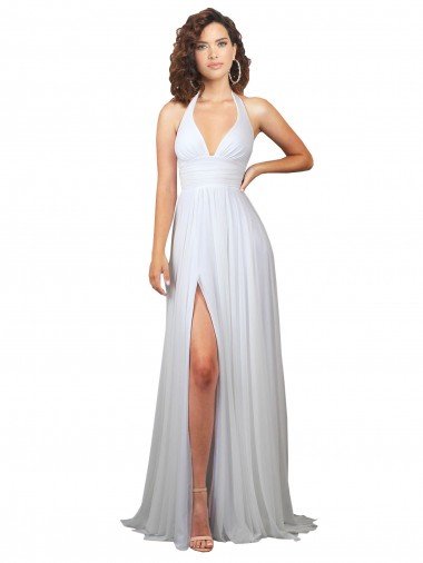 Outlet Simple Halter Plunge V-Neckline Chiffon Beach Wedding Dress with High Leg Split