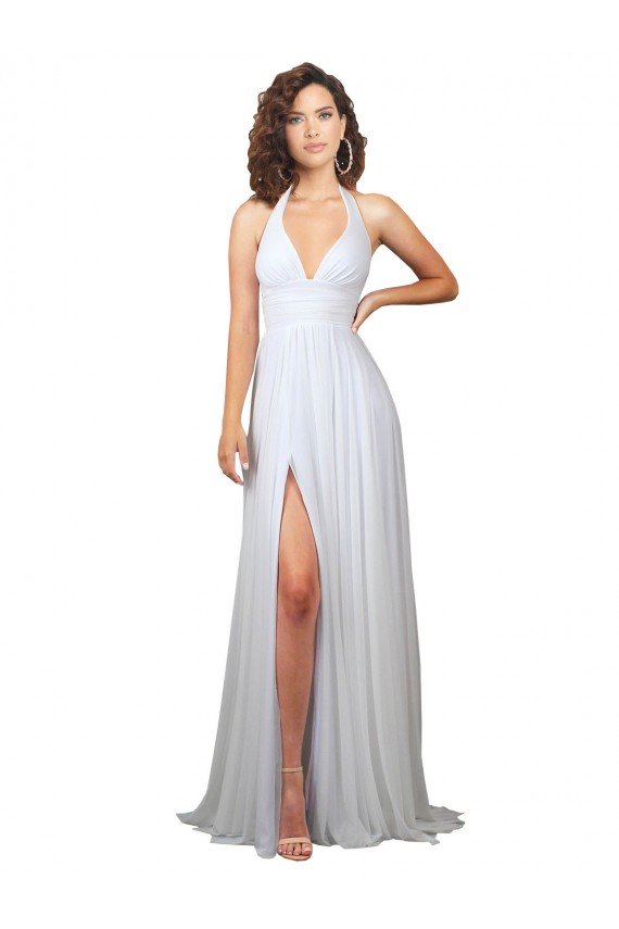 Outlet Simple Halter Plunge V-Neckline Chiffon Beach Wedding Dress with High Leg Split