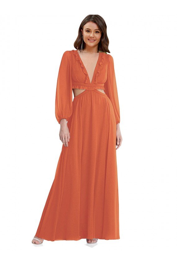 Outlet High Low Ruffled Long Chiffon Cutout Bishop Sleeves Maxi Bridesmaid Dress