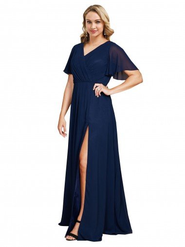 Outlet Chiffon V-Neck Short Sleeves Long Formal Bridesmaid Dress / Prom Dress with High Slit