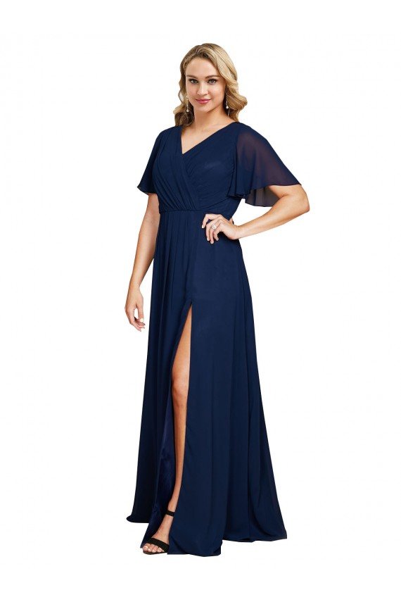 Outlet Chiffon V-Neck Short Sleeves Long Formal Bridesmaid Dress / Prom Dress with High Slit