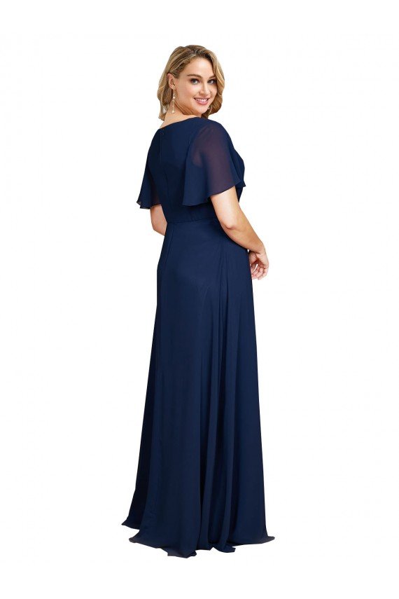 Outlet Chiffon V-Neck Short Sleeves Long Formal Bridesmaid Dress / Prom Dress with High Slit