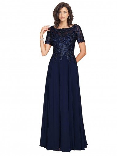 Outlet Short Sleeves A-Line Long Chiffon Bridesmaid Dress / Prom Dress with Beaded Bodice