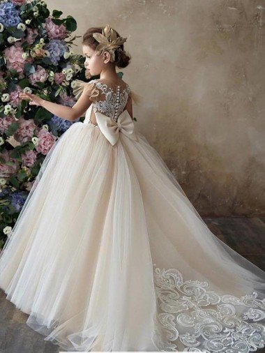 Outlet Champagne Ball Gown Sweetheart Chapel Train Sleeveless Flower Girl Dress