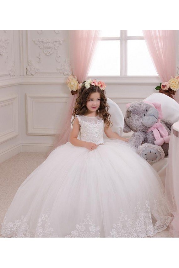 Outlet Ivory Ball Gown Bateau Neck Chapel Train Sleeveless Flower Girl Dress