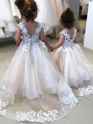 Outlet Ivory Ball Gown Chapel Train Sleeveless V-Back Flower Girl Dress