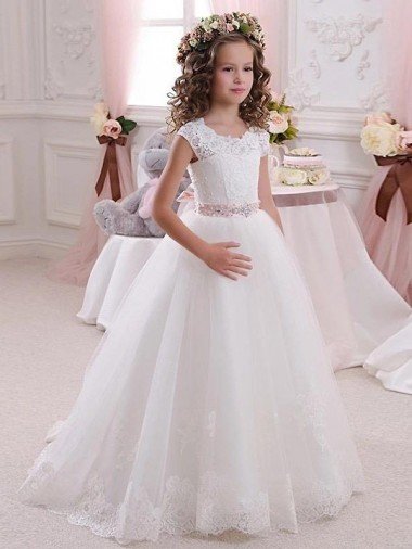 Outlet Ivory Ball Gown High Neck Floor Length Keyhole Back Flower Girl Dress
