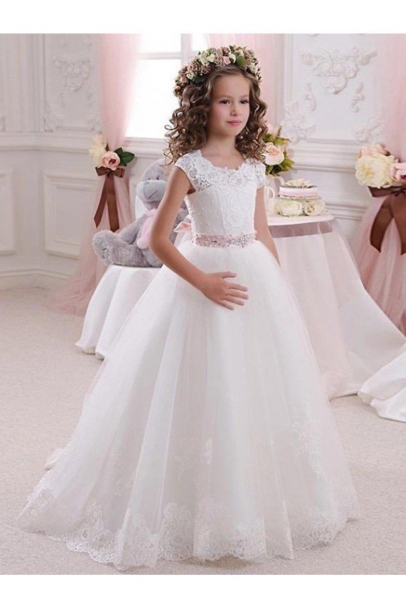 Outlet Ivory Ball Gown High Neck Floor Length Keyhole Back Flower Girl Dress