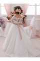 Outlet Ivory Ball Gown High Neck Floor Length Short Sleeve Flower Girl Dress