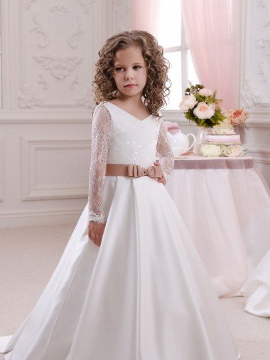 Outlet Ivory Ball Gown V-Neck Chapel Train Long Sleeve Flower Girl Dress