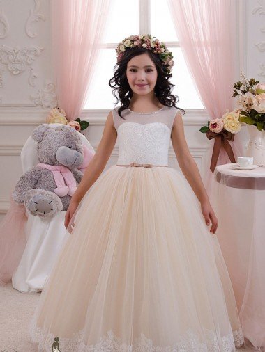 Outlet Ivory & Champagne Ball Gown Sweetheart Floor Length Sleeveless Flower Girl Dress