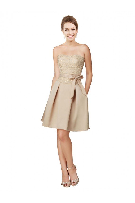 Outlet Short Classic Beaded Lace and Satin Bridesmaid Dress with Matching Satin Tie Sash