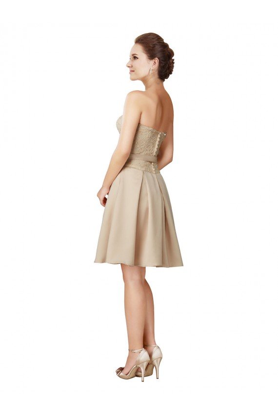 Outlet Short Classic Beaded Lace and Satin Bridesmaid Dress with Matching Satin Tie Sash