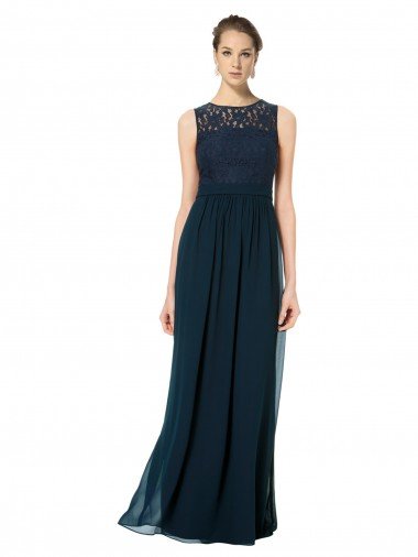 Outlet Long Chiffon Bridesmaid Dress with Lace Sleeveless Bodice and Keyhole Back
