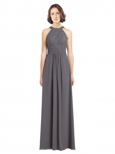 Outlet Long Chiffon Bridesmaid Dress with Corded Lace Bodice
