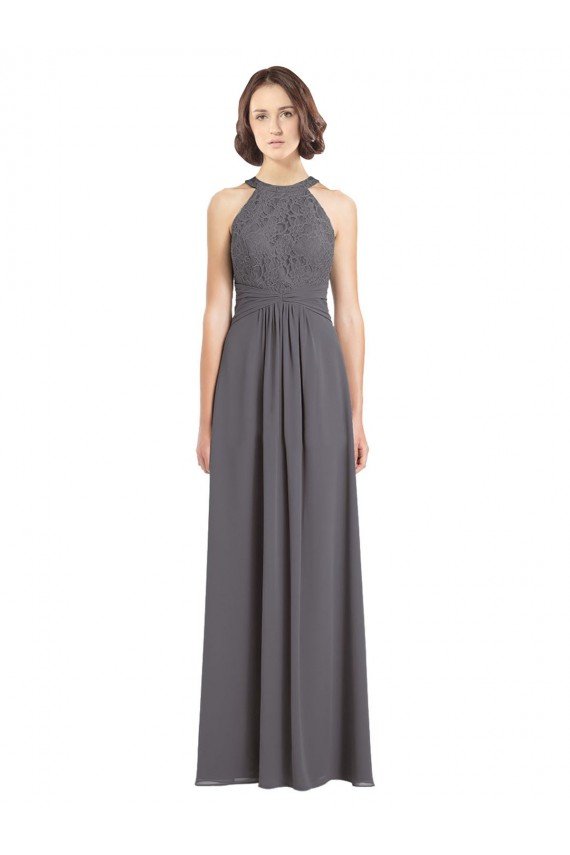 Outlet Long Chiffon Bridesmaid Dress with Corded Lace Bodice