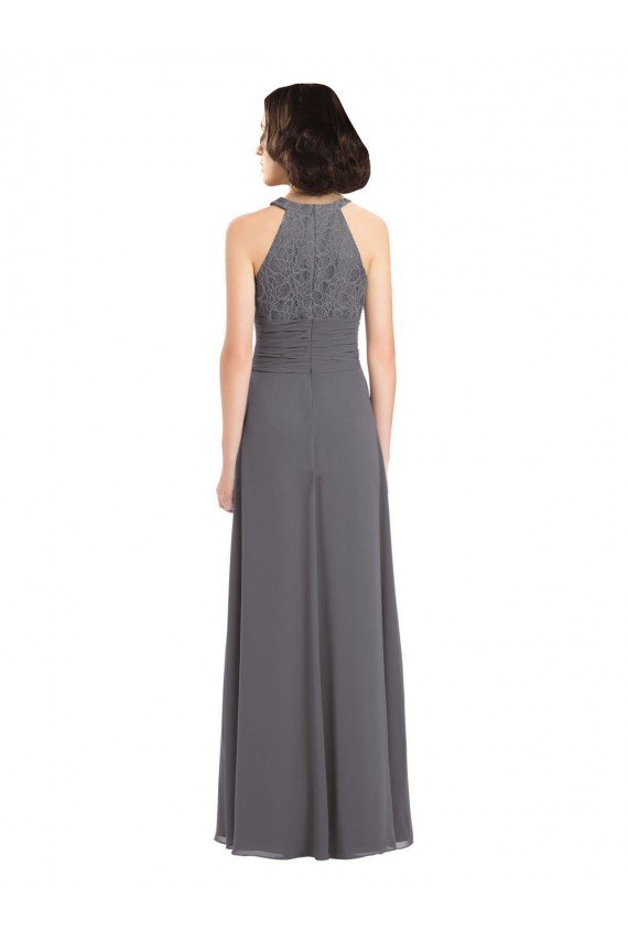 Outlet Long Chiffon Bridesmaid Dress with Corded Lace Bodice