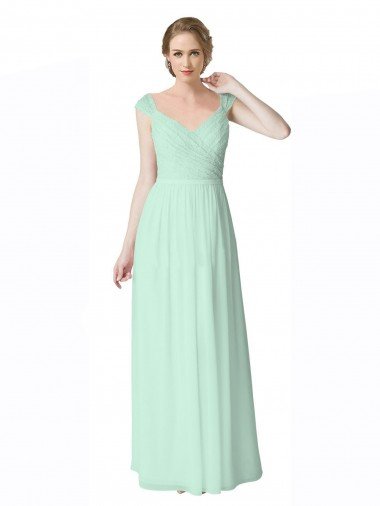 Outlet Long Chiffon Bridesmaid Dress with Corded Lace V-Neck Bodice