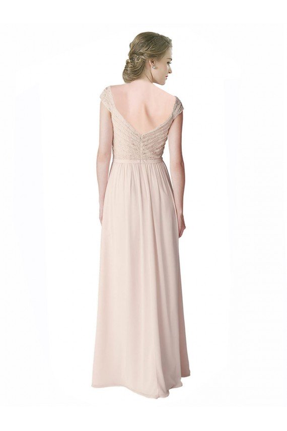Outlet Long Chiffon Bridesmaid Dress with Corded Lace V-Neck Bodice