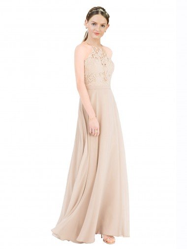 Outlet High Halter Neck Illusion Lace Bridesmaid Dress / Prom Dress with Chiffon Skirt and Keyhole Back
