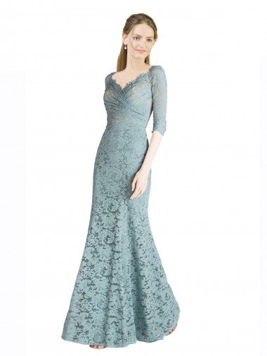 Outlet Half Sleeves Pleated Lace Bridesmaid Dress / Prom Dress with Wrap-Around Portrait Neckline