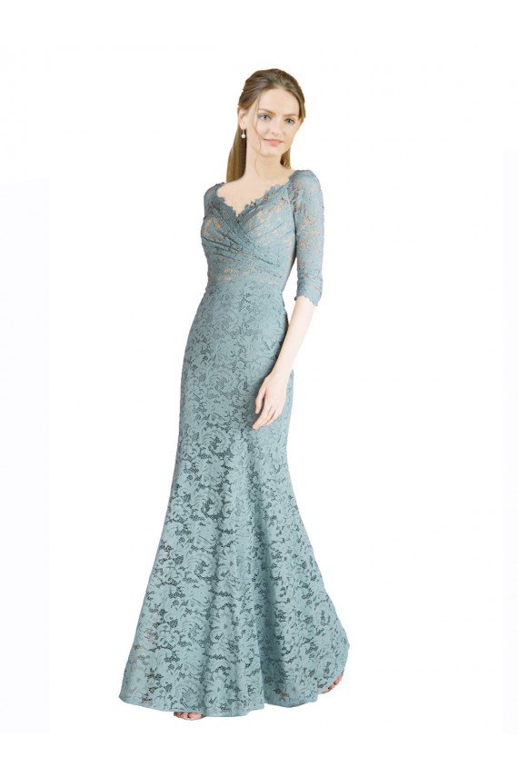 Outlet Half Sleeves Pleated Lace Bridesmaid Dress / Prom Dress with Wrap-Around Portrait Neckline