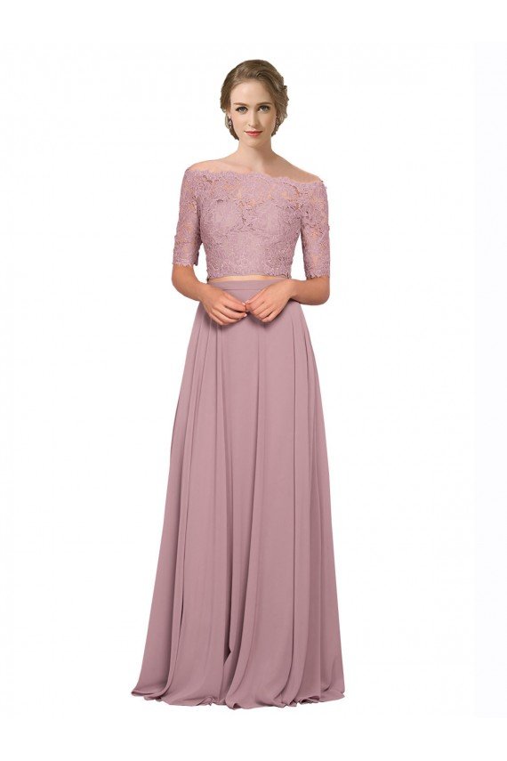 Outlet Off the Shoulder Lace Crop Top A-Line Chiffon Bridesmaid Dress / Prom Dress