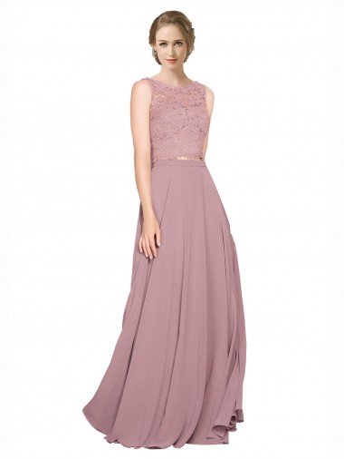 Outlet Long A-Line Chiffon Bridesmaid Dress / Prom Dress with Sleeveless Lace Crop Top