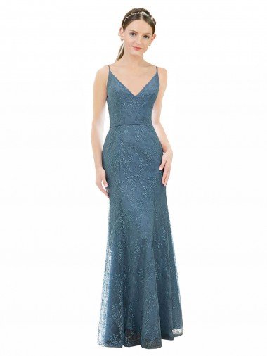 Outlet Deep V-Neck All Over Chantilly Lace Bridesmaid Dress with Criss Cross Open Back