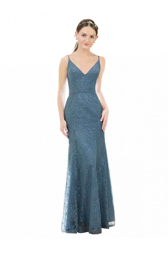 Outlet Deep V-Neck All Over Chantilly Lace Bridesmaid Dress with Criss Cross Open Back