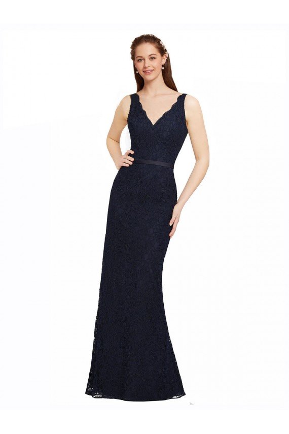 Outlet Lace Bridesmaid Dress with Satin Waistband and Open Back