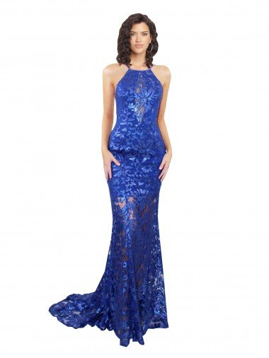 Outlet High Neck Long Open Back Lace Bridesmaid Dress / Prom Dress with Train