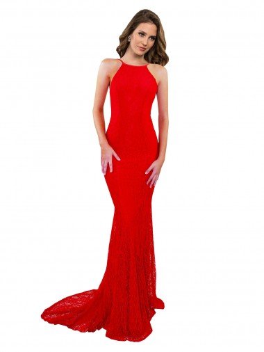 Outlet High Neck Long Formal Lace Bridesmaid Dress / Prom Dress with Open Back Straps