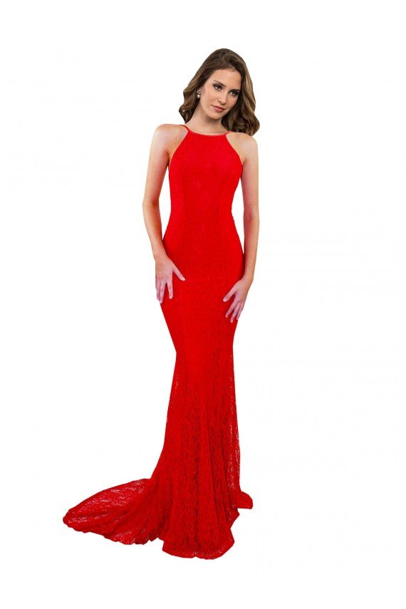 Outlet High Neck Long Formal Lace Bridesmaid Dress / Prom Dress with Open Back Straps
