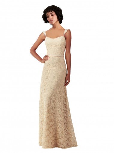 Outlet Lace A-Line Long Bridesmaids Dress with Satin Waistband