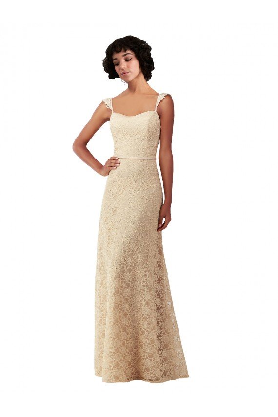 Outlet Lace A-Line Long Bridesmaids Dress with Satin Waistband